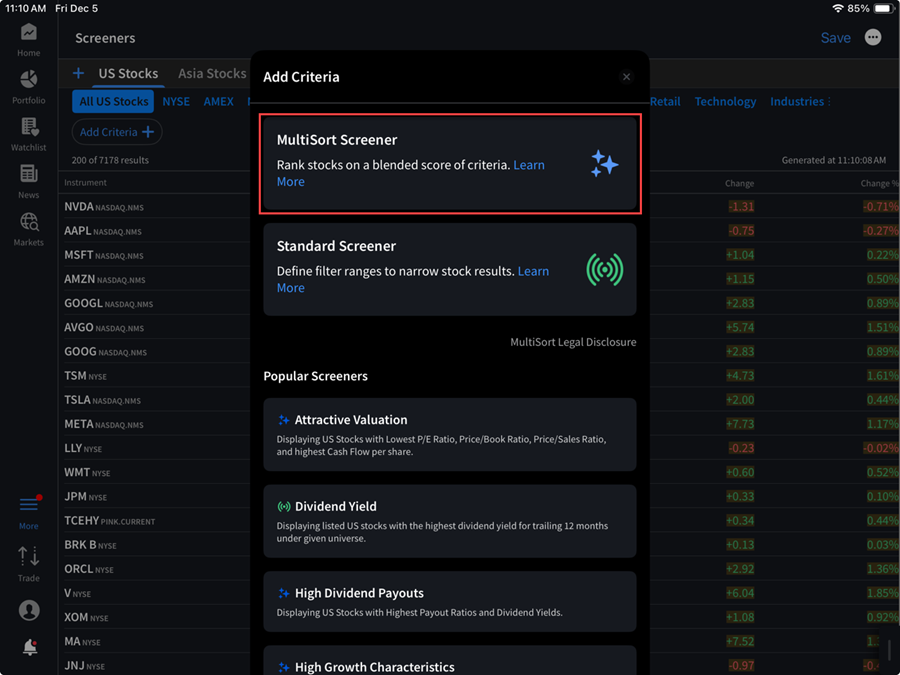 The MultiSort screener on the ipad. 